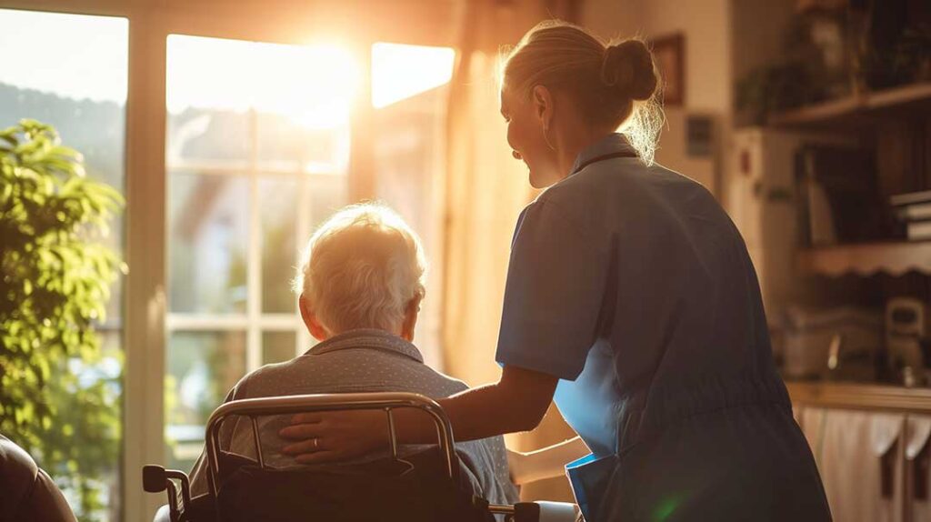 A nurse, a senior resident, and a family member reviewing a medical chart together at a table in a comfortable assisted living lounge.