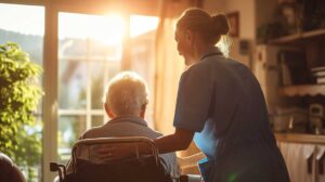 A nurse, a senior resident, and a family member reviewing a medical chart together at a table in a comfortable assisted living lounge.